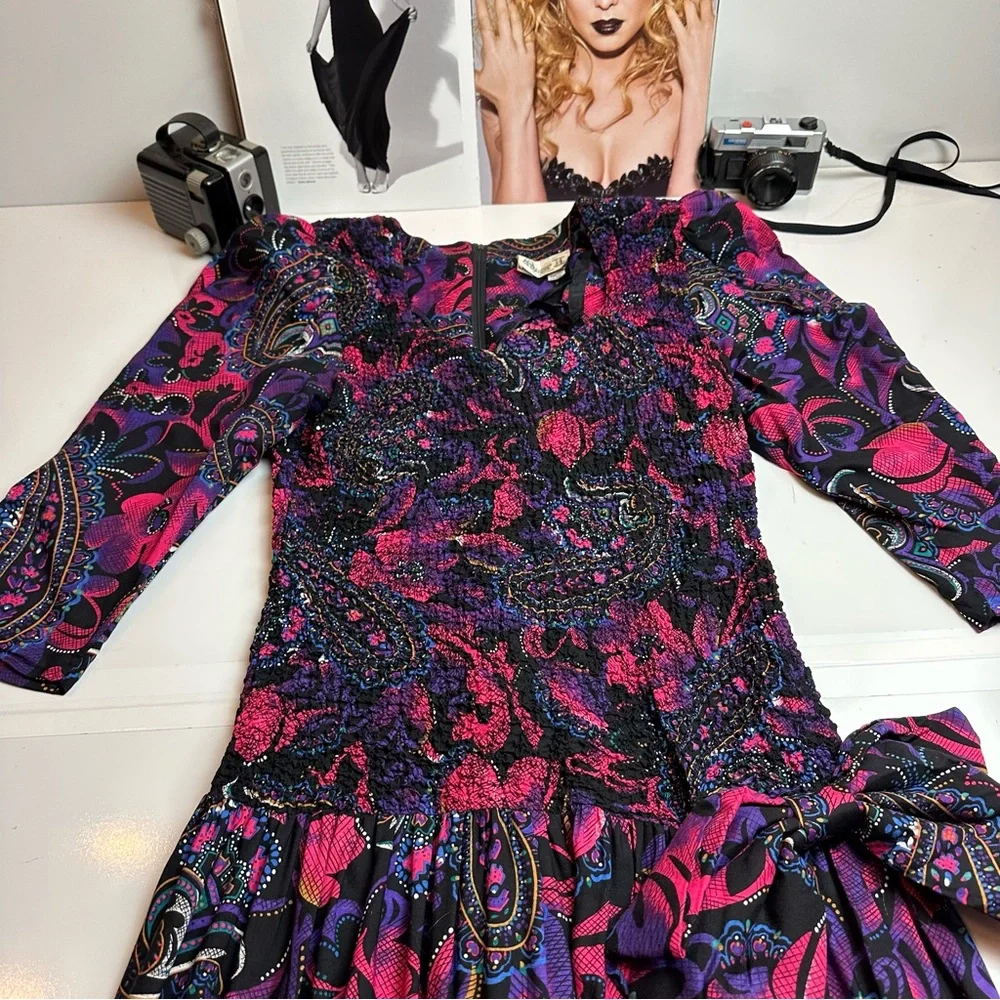 Vintage 1990s Paisley Drop Waist Midi Dress Purple Pink Bow Detail Boho - Picture 4 of 12